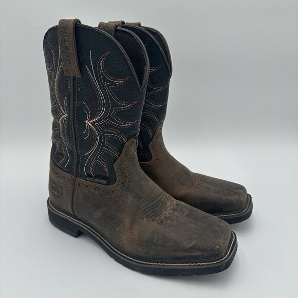 JUSTIN Boots Men’s Size 8.5 Stampede Driller Dark Brown Square Toe Work #F2892 - Picture 1 of 12